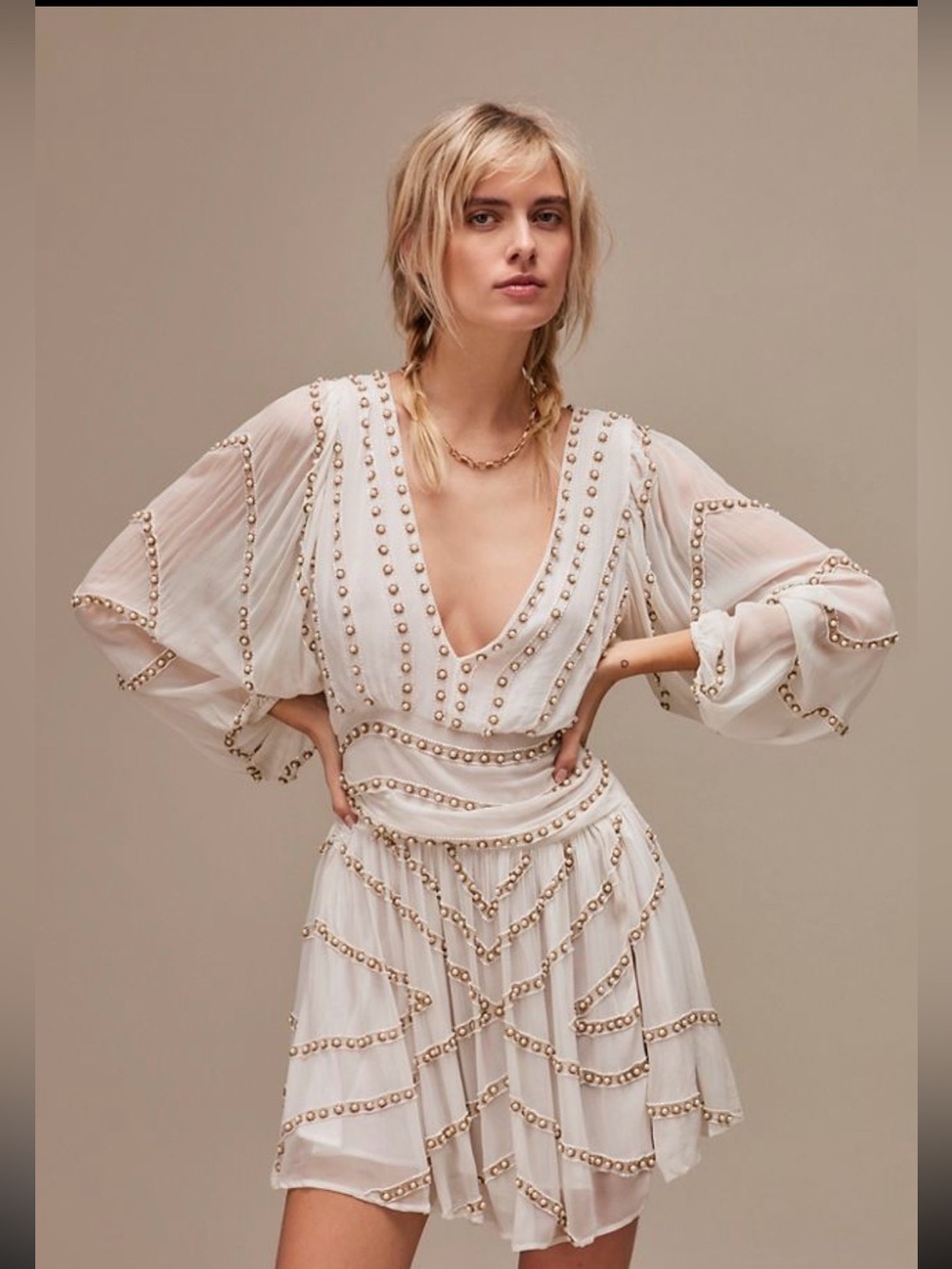 Jen’s Pirate Booty White Pearl Embellished V-Neck Wedding mini dress NEW Small